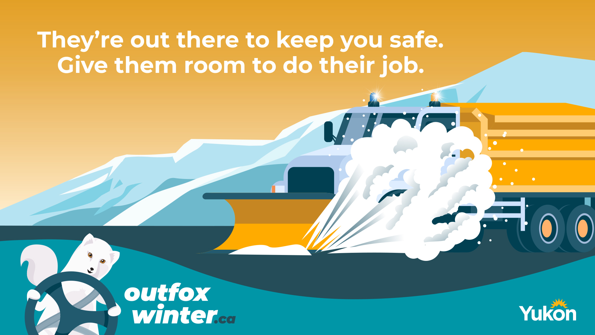 Illustration of a snowplow clearing snow from a highway, reminding drivers to give winter maintenance vehicles space to work safely.