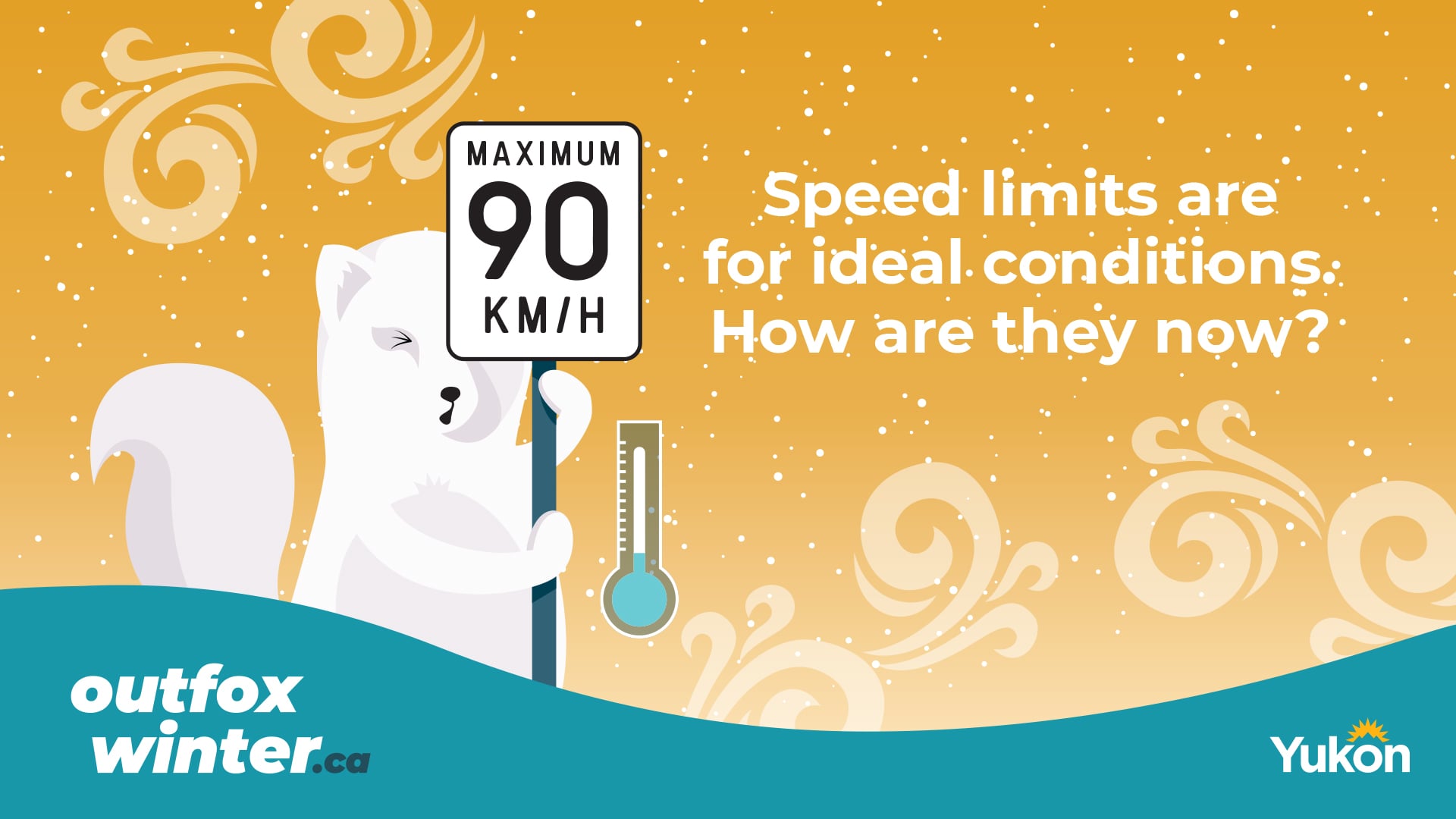 Illustration reminding drivers that posted speed limits apply to ideal conditions and that speeds should be reduced when winter weather affects road conditions.