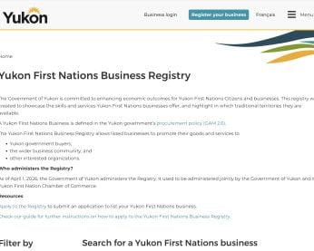 Screen shot of the home page of the Yukon First Nation Business Registry