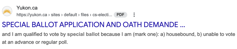 Screen shot showing how the PDF search result for Yukon.ca appears to users.