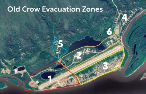 A map of Old Crow showing an overlay of evacuation zones 1 through 6