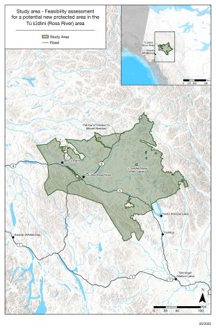 Map of the Tū Łī́dlini (Ross River) study area spaning approximately 39,300 square kilometres. It will support a mix of land uses including hunting, outfitting, tourism, trapping and mining exploration and development.