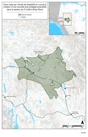 Map of the Tū Łī́dlini (Ross River) study area spaning approximately 39,300 square kilometres. It will support a mix of land uses including hunting, outfitting, tourism, trapping and mining exploration and development.
