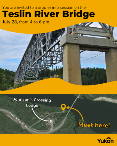 Poster showing the location and details of the info session at Johnson's Crossing. It will be on July 28 from 4 to 6 pm and be located at the boat launch next to the Johnson's Crossing Lodge.