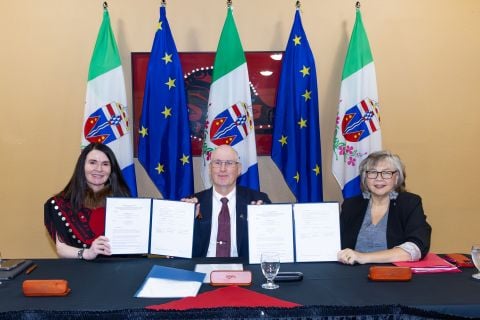 The Honourable Jeannie McLean, Yukon Minister responsible for the Women and Gender Equity Directorate,.James Cockrell, Alaska Public Safety Commissioner and The Honourable Tracy-Anne McPhee, Yukon Minister of Justice and Attorney General pose for a photo following the signing ceremony of the MMIWG2S+/MMIP MOU on Tuesday August 12, 2025 at the Yukon inn.