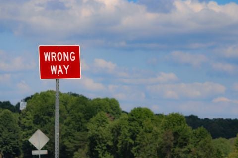 Landscape photo with a red sign that reads "Wrong way"