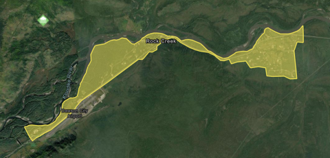 Map of area under evacuation alert in the Klondike Valley from Henderson Corner through Rock Creek to the TH farm