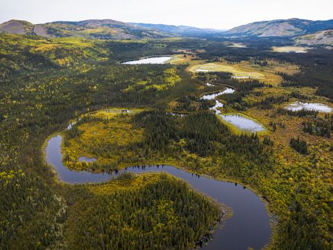 Aerial view of the meandering Nordenskiold River (Tsǟlnjik Chú) south of Carmacks.