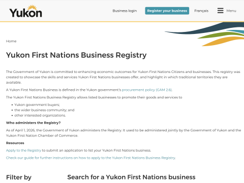 Screen shot of the home page of the Yukon First Nation Business Registry
