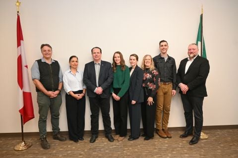 From left to right: Dr. David Pontin, Dr. Michelle Morros, Minister Brad Cathers, Dr. Julie Warren, Krista Brower, Erika Siroski, Dr. Derek Bryant, and Deputy Minster Matt King.