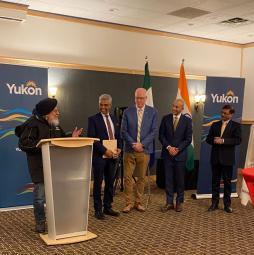 High Commissioner Sanjay Kumar Verma awards 96 year old Indian Air Force veteran Flight officer Joginder Grewal with the 'Varishth Yoddha' felicitation in Whitehorse alongside Premier Ranj Pillai, Minister Nils Clarke and Consul General Manish.