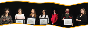 Left to right: Naats Tláa award recipient Vera Bossenberry, award nominees Stephanie Sullivan, Amélie Clark, Melissa Carlick, Siobhan Nally and William Thibodeau and  Shelby Blackjack. (Credit: Mark Kelly Photography)