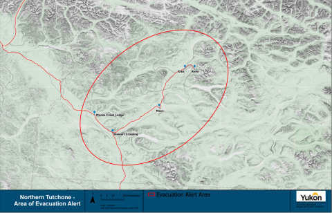 Map of evacuation alert areas for Silver Trail, including Moose Creek Lodge, Mayo, Elsa, Keno, Victoria Gold Mine