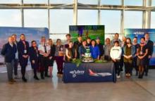 L to R: Yukon Minister of Tourism and Culture and Economic Development, Ranj Pillai, Air North President Joe Sparling, Kwanlin Dün First Nation Chief Doris Bill, Vuntut Gwichin First Nation Councilor Bonnee Bingham, members of the VGFN cultural contingent