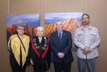 (L-R) Deputy Ḵaa Shaadé Hení (Chief) Darela Jean Lindstrom, Carcross/Tagish First Nation Ḵaa Shaadé Hení (Chief) Maria Benoit, Government of Yukon Premier Mike Pemberton and A/Executive Director Sean McDougall pose for a photo following the signing of a government-to-government accord on shared priorities on Tuesday August 26, 2025..The accord enhances the working relationship between the governments and outlines several shared priorities including processes for the planning and management of land and water