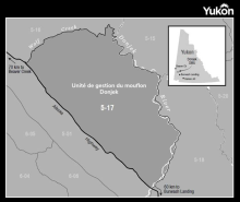Carte de la sous-zone de gestion du gibier 5-17 (unité de gestion du mouflon Donjek) dans la région de Kluane, dans le sud-ouest du Yukon.