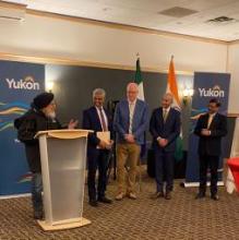 High Commissioner Sanjay Kumar Verma awards 96 year old Indian Air Force veteran Flight officer Joginder Grewal with the 'Varishth Yoddha' felicitation in Whitehorse alongside Premier Ranj Pillai, Minister Nils Clarke and Consul General Manish.