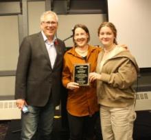 Energy, Mines and Resources Minister John Streicker with 2022 Yukon Agriculture Award winner Lastraw Ranch’s Megan Waterman and her daughter Beez Duncan at the annual North of 60 Agriculture Banquet on Saturday, November 5, 2022.