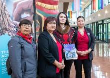 Joy O’Brien (MMIWG2S+ Outreach Program), Doris Bill (co-chair, representing Yukon First Nations), Jeanie McLean, (co-chair, Minister, representing Government of Yukon), and Toni Blanchard, MMIWG2S+ family representative. Photo Credit: Manu Keggenhoff.