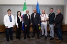 Pictured left to right: Taras Yurkiv, Marta Hbulish, Premier Ranj Pillai, Chortkiv City Mayor Volodymyr Shmatko, Dr. Serhii Budenkevych, Minister of Community Services Richard Mostyn and Jeff Sloychuk.