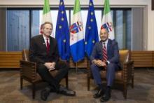Alaska Governor Michael (Mike) Dunleavy and Premier of the Yukon Ranj Pillai pose for a photo in Cabinet office during day 1 of the Alaskan Delegation visit to Whitehorse on Thursday, February 8, 2024.
