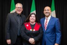 Minister of Energy Mines and Resources John Streicker, West End Developments Tiffany Eckert-Maret and Premier and Minister responsible for the Yukon Housing Corporation Ranj Pillai pose for a photo following a press event. The press event announced a sign