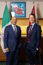 Premier Ranj Pillai poses for a photo with the British Consul General Thomas Codrington, on April 22, 2024 in the Cabinet office.