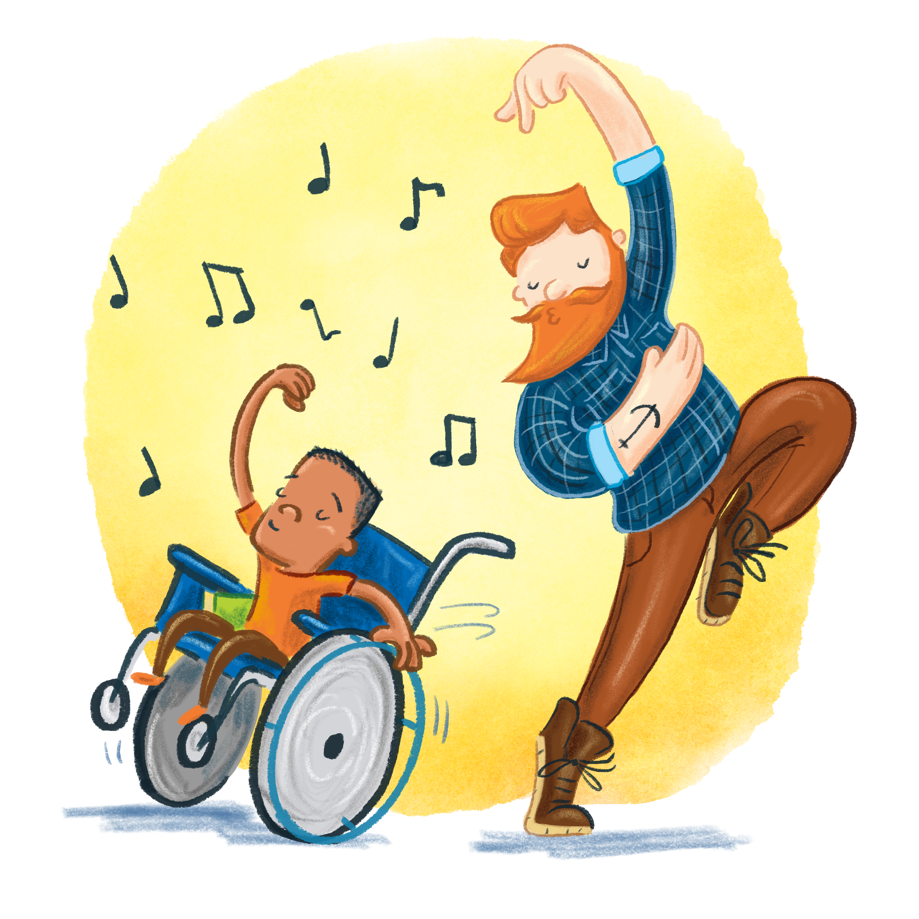 TD summer reading club brand image. Illustration of a man with a ginger beard and a boy with light brown skin in a wheelchair and they are dancing and surrounded by musical notes.