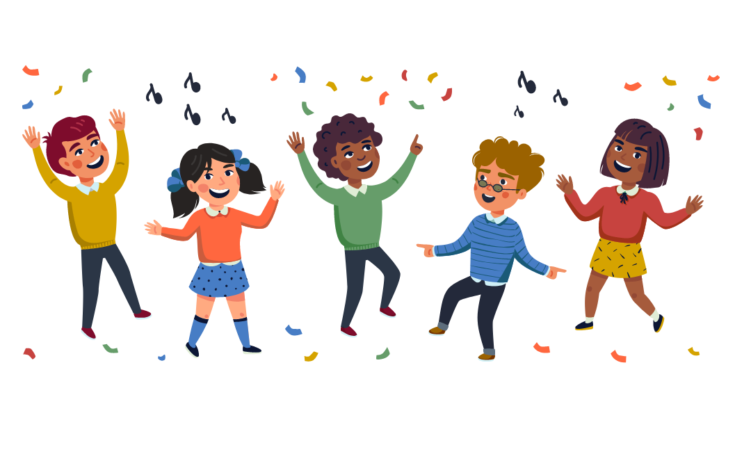 illustration of children smiling and frolicking under confetti and musical notes