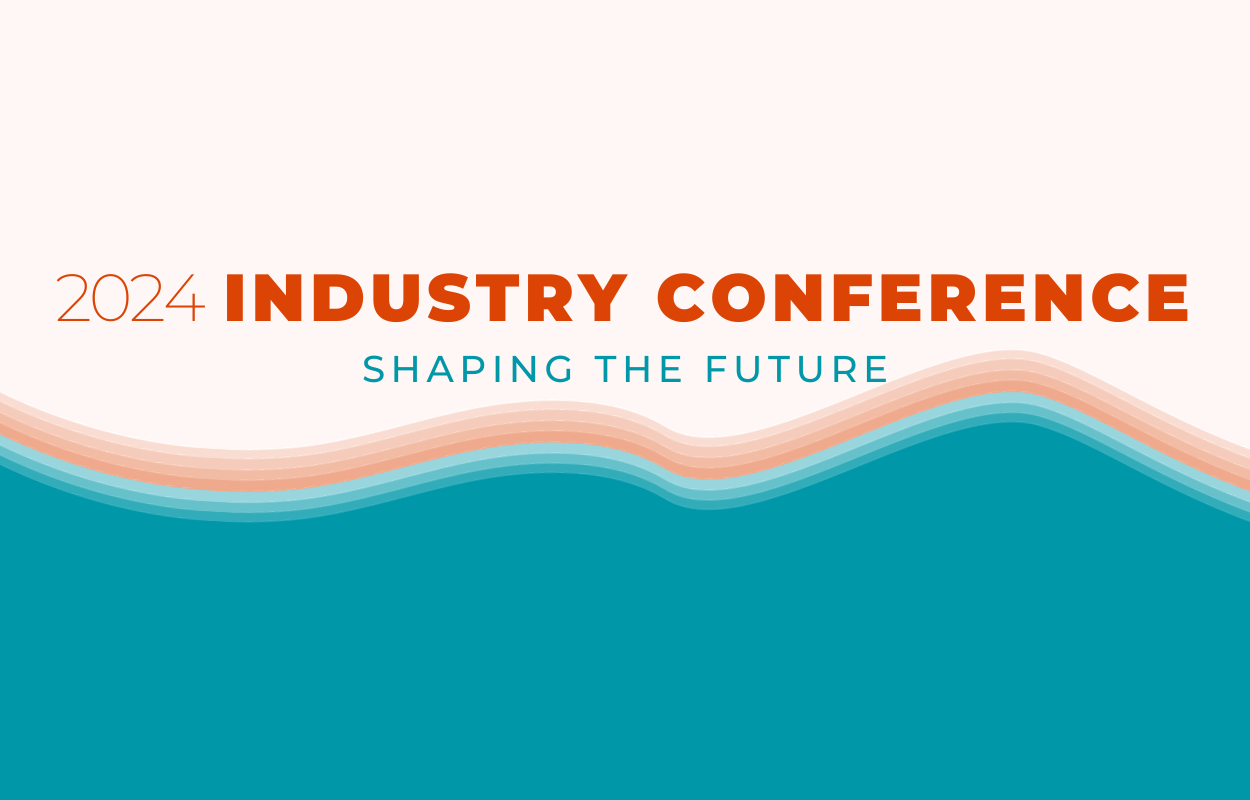 White, blue and orange banner image that says 2024 Industry Conference. Shaping the Future