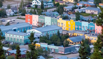 Colourful buildings lined up in Dawson.