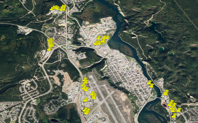Nous procédons à l’évaluation des systèmes de chauffage à l’énergie renouvelable dans les bâtiments du gouvernement du Yukon partout sur le territoire. Cette carte montre les lieux où des inspections sont prévues à Whitehorse.