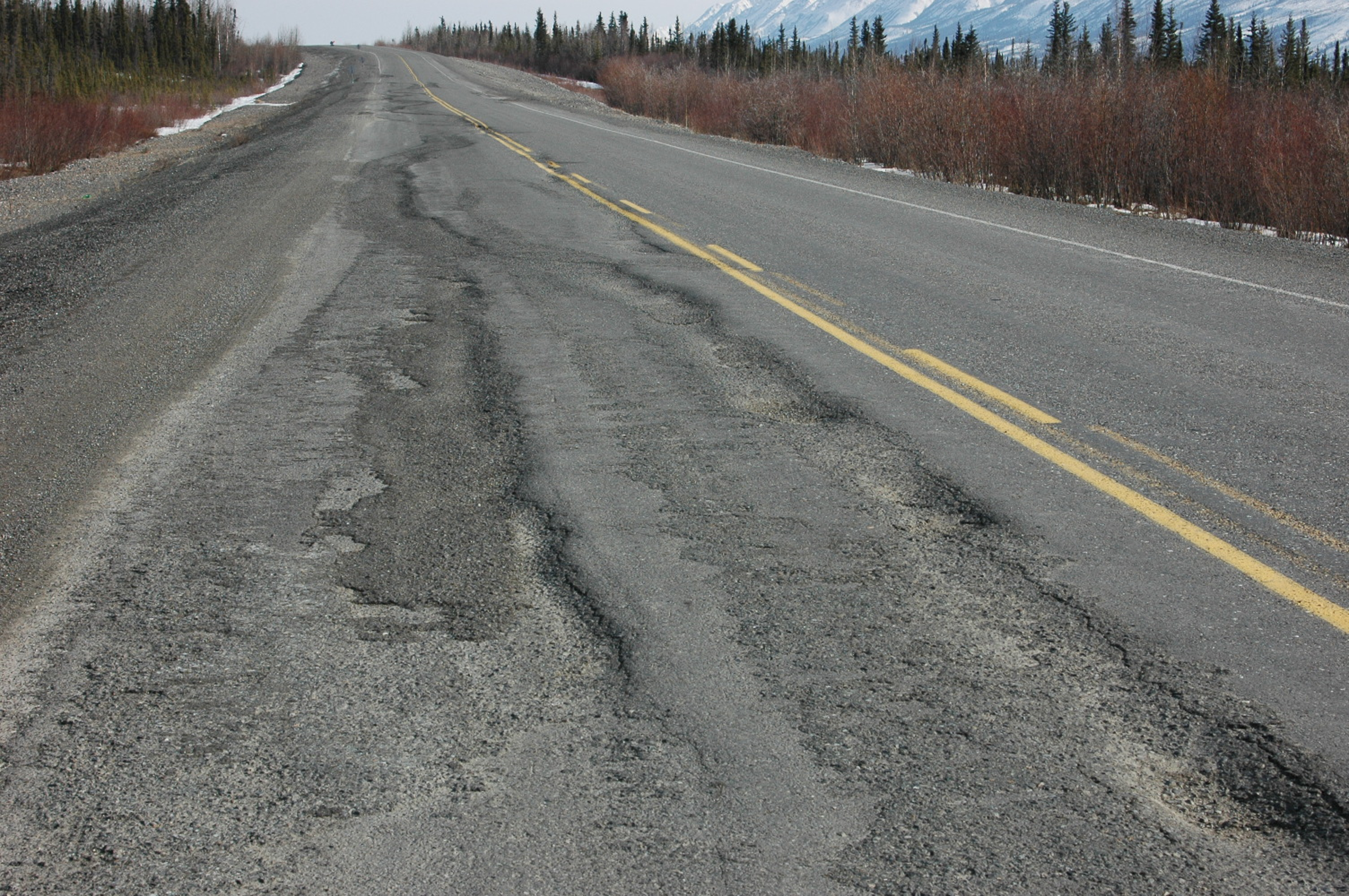 Patched cracks in the road surface.