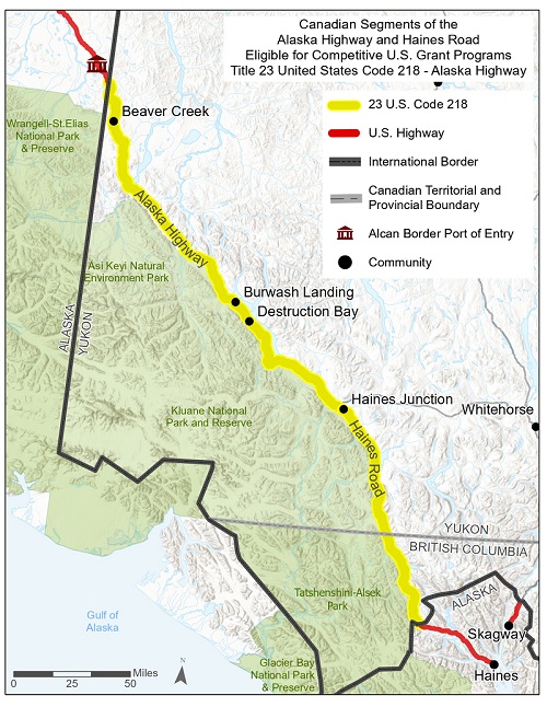 A map of the full Shakwak corridor from Haines, Alaska, to the Yukon-Alaska border at Beaver Creek.