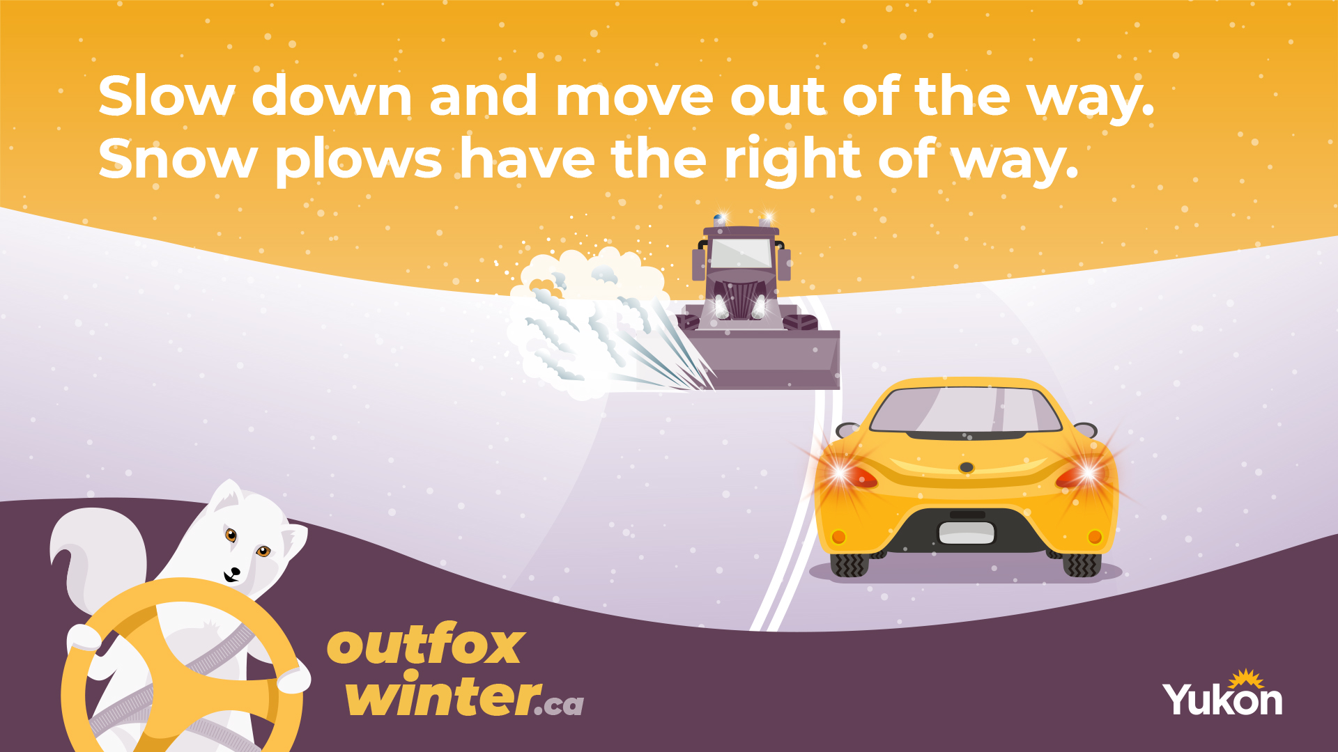 A yellow car slowing down and moving out of a snow plow's path.