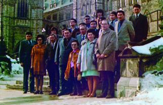 Yukon First Nation leaders are standing in front of the Parliament buildings in 1973 after they delivered their Together Today for Our Children Tomorrow document to the federal government.