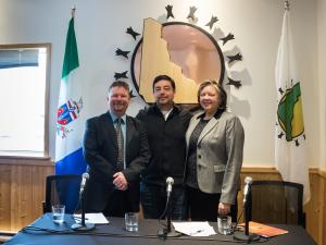 Yukon Legal Services Society executive director David Christie, Council of Yukon First Nations Grand Chief Peter Johnston and Minister of Justice Tracy-Anne McPhee