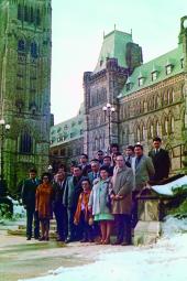 The Yukon First Nation delegation in front of the Parliament Buildings after presenting "Together Today for Our Children Tomorrow" to Prime Minister Trudeau. Photo credit: Yukon Archives. Judy Gingell collection, 98/74, 1