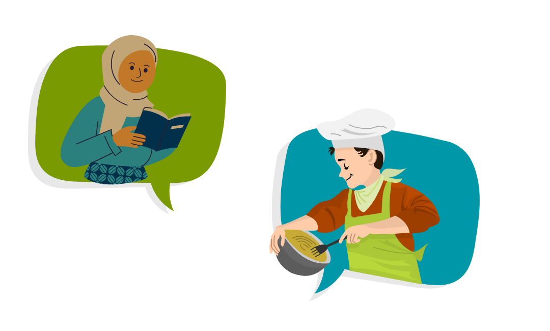 graphic showing 2 word bubbles: the first is a girl in a head scarf reading a book, and the second is a boy in a chef's hat mixing batter in a large bowl.