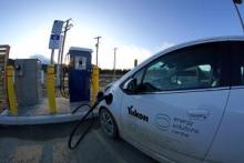Government of Yukon’s electric fleet vehicle SPARKY making use of the first fast charger in Carcross.