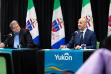 The Hon. Ranj Pillai, Premier of Yukon (R) addresses the media during Thursday January 4ths press conference with the Chair of the Arctic Security Advisory Council, Ken Coats. .