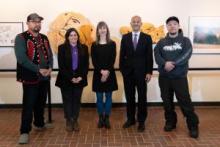 Artists Jared Kane, Rebecca Manias, Yukon Government Art Curator Garnet Muething, Minister of Tourism and Culture Ranj Pillai and artist Calvin Morberg pose for a photo in front of the new exhibit Dis Orientation which opened on Thursday November 17, 2022