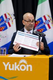 The Hon. Ranj Pillai, Premier of Yukon addresses the audience on Thursday December  21, 2023 during the Yukon Government’s release of the Downtown Whitehorse safety response plan. 