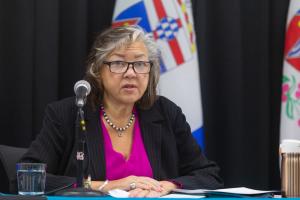 Minister of Health and Social Services and Minister of Justice Tracy-Anne McPhee talks to media on Wednesday February 21, 2024. The press conference was an update on the progress made with action items 