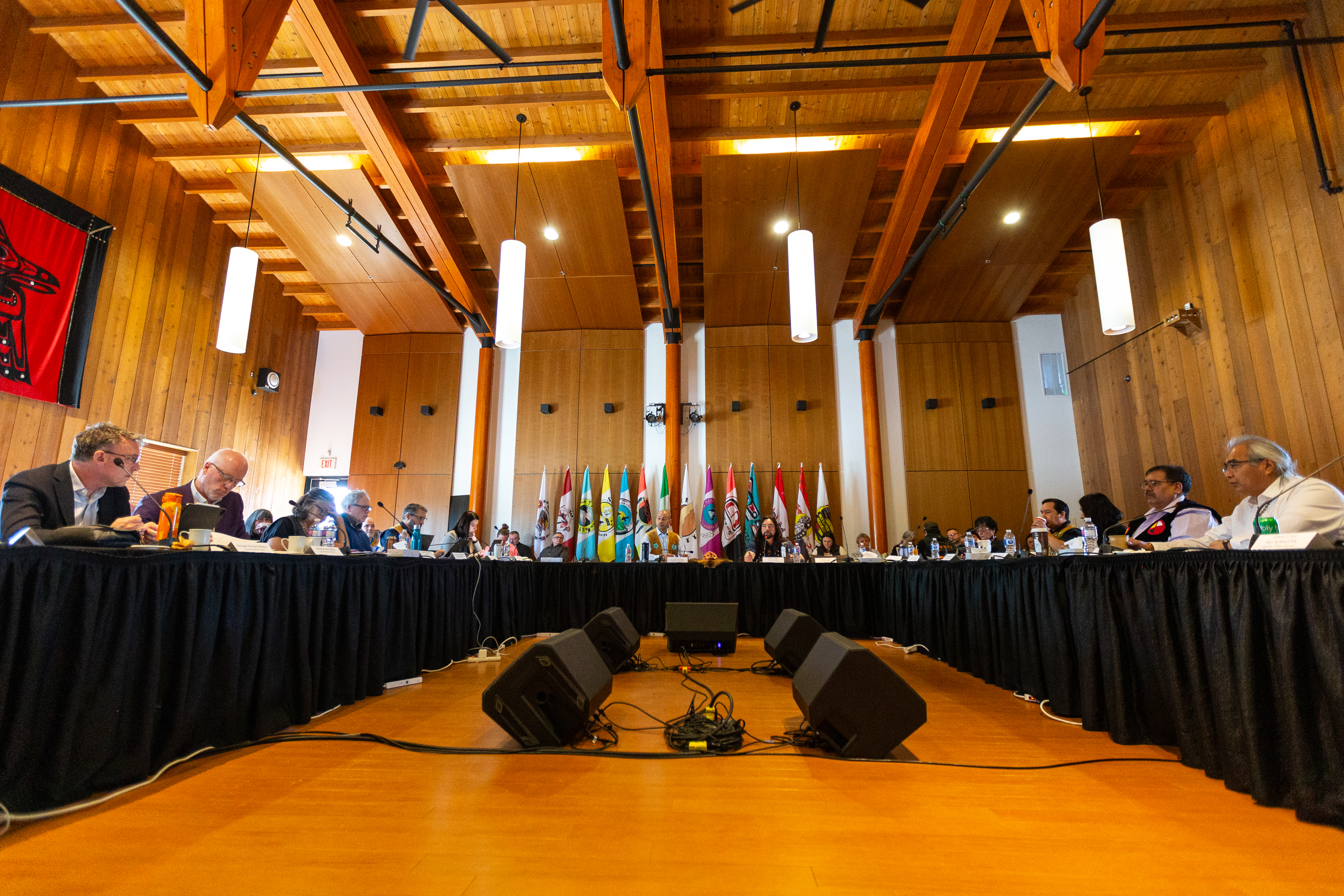 Grand Chief of the Council of Yukon First Nations, Peter Johnston addresses the room during the first Yukon Forum of 2024 which was held at the Kwanlin Dün Cultural Centre on February 16, 2024