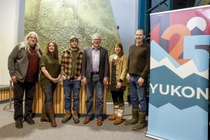 (L-R) 125 Yukon Prize winners Matthew Lien, Katherine McCallum for The Kluane Compositions music video concept, John Serjeantson’s Yukon Alpine Climbing - First Ascent project, Minister of Tourism and Culture; John Streicker, Tedd Tucker and Amy Kenny - I